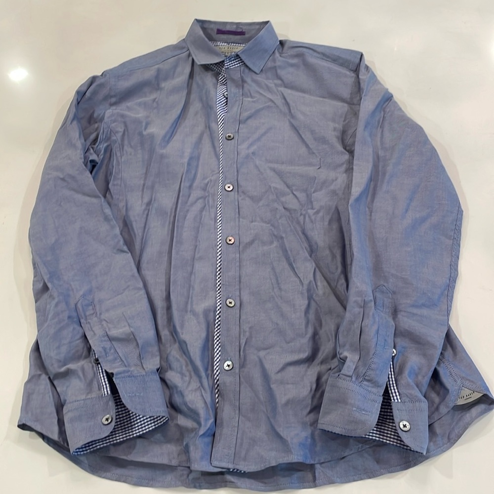 Ted Baker blue cotton button down with blue check accents, L, great condition